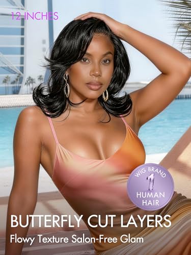 LUVME 12 Inch Layered Wavy Human Hair Bob Wig - Natural Black, Glueless HD Lace Short Wig