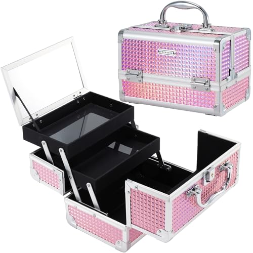 Shiny Pink Makeup Train Case with Mirror & Lock | 9x6x6