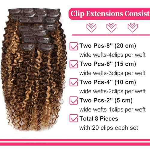 22 Inch Highlight P4/27 Kinky Curly Clip Ins Human Hair 110g 8pcs 20 Clips 3C 4A Curly Clip In Hair Extensions Real Human Hair Brazilian Virgin Hair Full Head for Women P4/27 Color