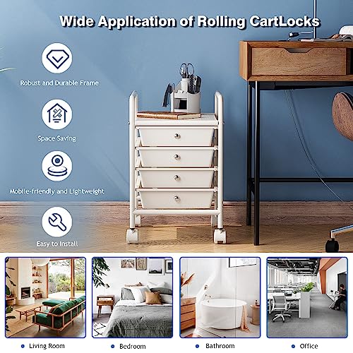 Shrivee White 4-Tier Utility Cart with 4 Drawers, Lockable Casters, Multipurpose Mobile Storage