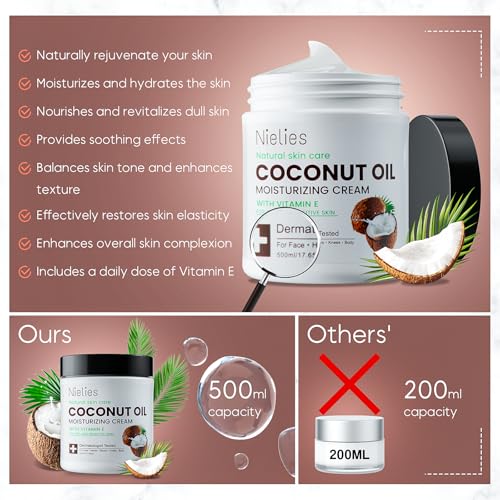 Coconut Oil Moisturizing Cream for Skin & Body, Coconut Oil Lotion for Dry Skin, Coconut Cream Lotion for Face, Hands & Hair, Crema de Coco para la Piel, Fast Absorbing,