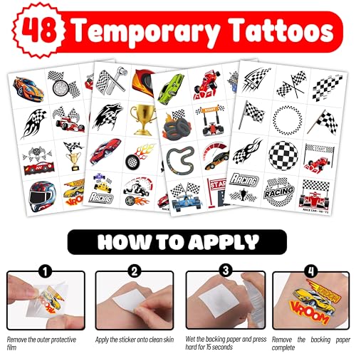 72PCS Race Car Party Favors for Kids - Car-Themed Party Supplies with 48 Pre-cut Temporary Tattoos & 24 Punch Balloons, Birthday Gifts, Goodie Bag Fillers, Classroom Rewards & Decorations