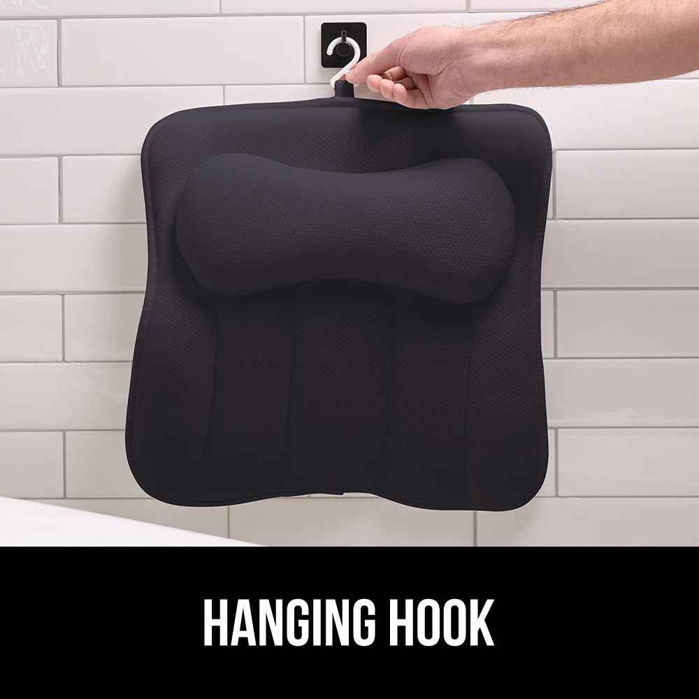 GORILLA GRIP Bath Pillow for Tub with Powerful Suction Cups, Headrest Pillows for Neck and Back Support, Machine Wash, Bathtub and Hot Tub Accessories, Relaxing Spa Gift Essentials for Women, Black