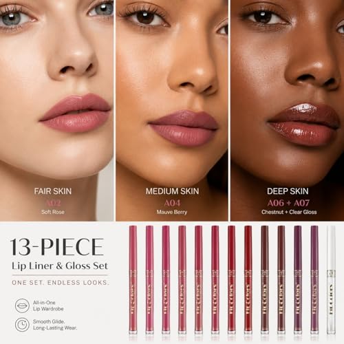 MooGlamor 13-Piece Matte Lip Liner & Lip Gloss Set for Long-Lasting Lip Makeup