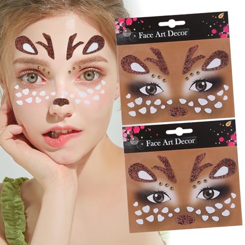 Totelux Christmas Reindeer Face Tattoos Stickers Glitter Face Jewels Cute Animal Deer Temporary Tattoo for Adult Kids Makeup Birthday Festive Cosplay Party Decoration Supplies 2Pcs