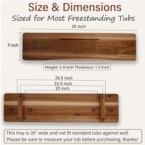 Acacia 1.2" T Wood Bathtub Tray Caddy for Freestanding Tub, 35" L Adjustable Bath Tray for Tub, Luxury Spa Bathroom Tray Organizer Table, Bath Tub Accessories for Women, Housewarming, Birthday Gifts