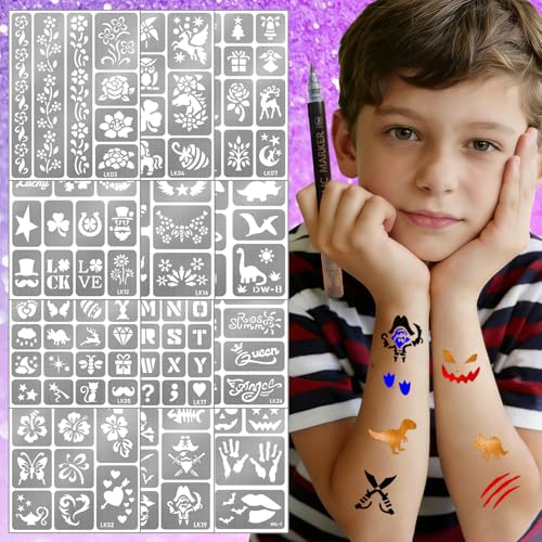Temporary Tattoo Markers with Stencils - 16 Dual-End Pens + 12 Reusable