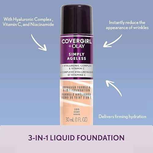 COVERGIRL & Olay Simply Ageless 3-in-1 Liquid Foundation, Matte Finish, Hyaluronic & Vitamin C Formula, 220 Creamy Natural, 1 Count