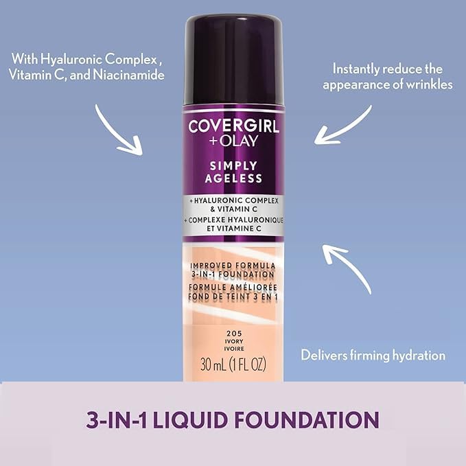 CoverGirl & Olay Simply Ageless 3-in-1 Liquid Foundation, Matte Finish, Hyaluronic & Vitamin C Formula, Cruelty Free, Soft Honey, 1 Count