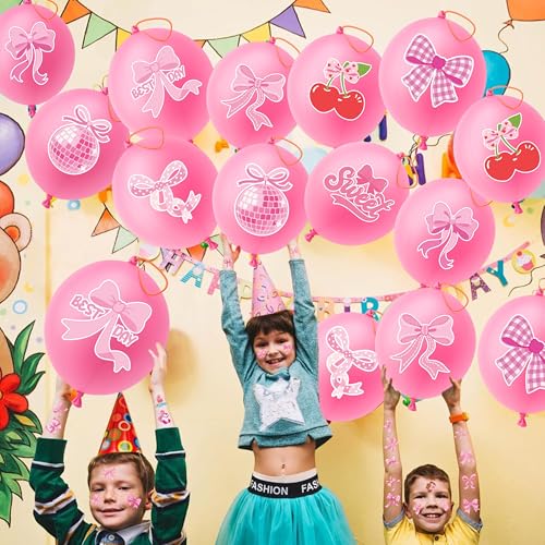 Pink Bow Party Favors Set - 24 Punch Balloons & 48 Tattoos