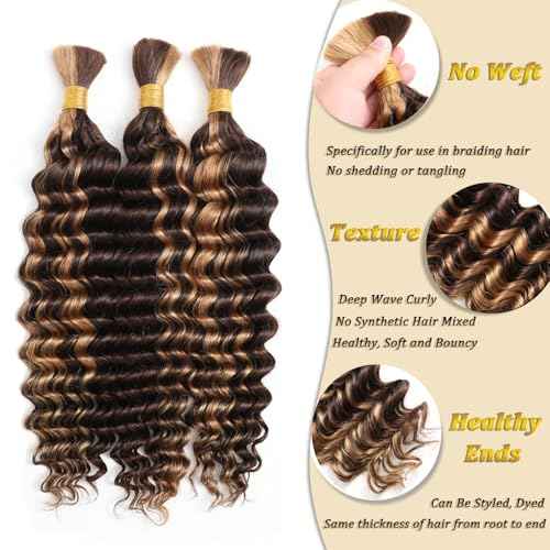 Human Braiding Hair 3 Bundles/Pack 150g Highlight 4/27 Curly Water Wave Human Bulk Hair for Braiding No Weft 12A Brazilian Virgin braiding Hair for Boho Braids (Highlight 4/27 Color, 16 inch)