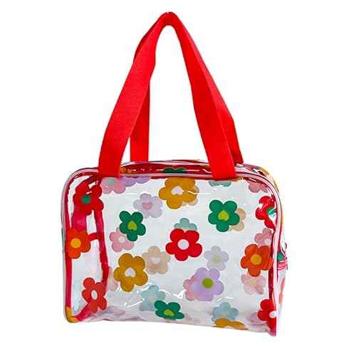 TotePrint Clear Floral Hand Bag and Travel Cosmetics Pouch with Handle,Durable Waterproof PVC Versatile Smooth Zipper Design (Red+Green+Yellow)