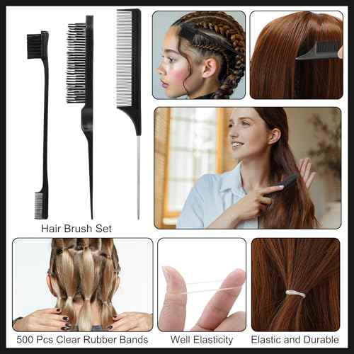 Boar Bristle Slick Back Hair Brush Comb with Wide Boar Bristle Brush,Hair Wax Stick,500PCS Elastic Rubber Bands for Women and Men Sectioning,Parting