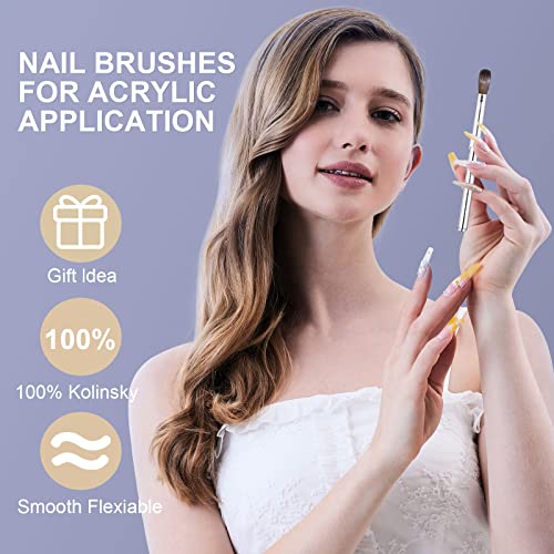 2Pcs Acrylic Nail Art Brushes Size 8 12, 100% Pure Kolinsky Hair Oval Nail Brush for Acrylic Application, Professional Nail Extension Manicure Tool Striping Nail Drawing Pen for Home