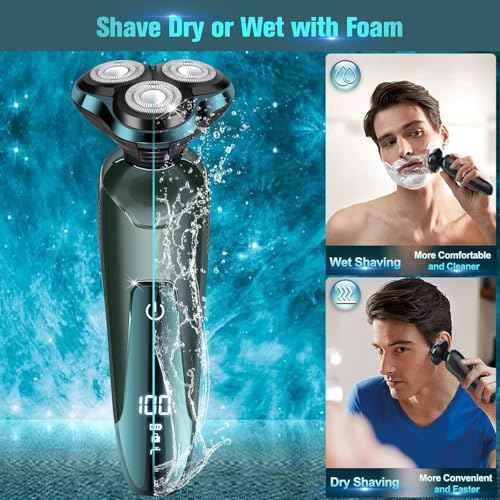 Electric Razor for Men, Electric Shavers for Men's Faces, Detachable Blade 3D Rotary for Shaving with Nose Trimmer Face Cleaning Brush Head Shavers, Wet/Dry/Waterproof Razors for Men Matte Green