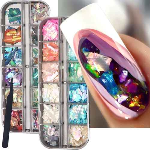 Aurora Shell Nail Glitter Flakes,Holographic Irregular Abalone Slices Sea Shell Sequins Nail Charms,Spring Summer DIY Manicure Paillette Accessories for Nail Art Decoration 3D Sparkly Nail Art Tips