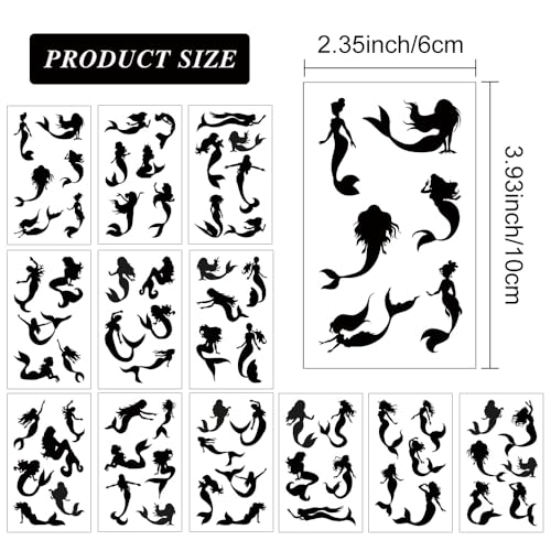 Mermaid Temporary Tattoos - 12 Sheets, 72 Designs, Waterproof