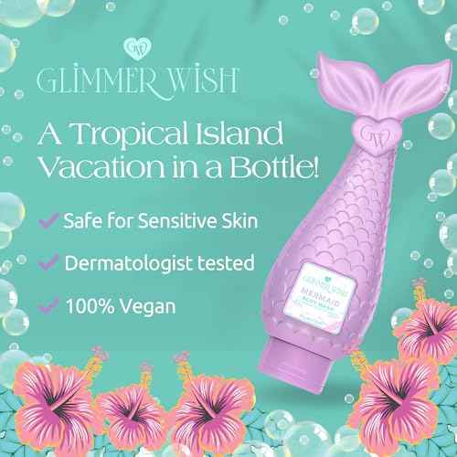 Glimmer Wish Mermaid Kids Body Wash, Gentle Cleanser and Moisturizing Sulfate Free Body Wash, Skin Care for Kids, Tropical Beach Scent, 12 Fl Oz