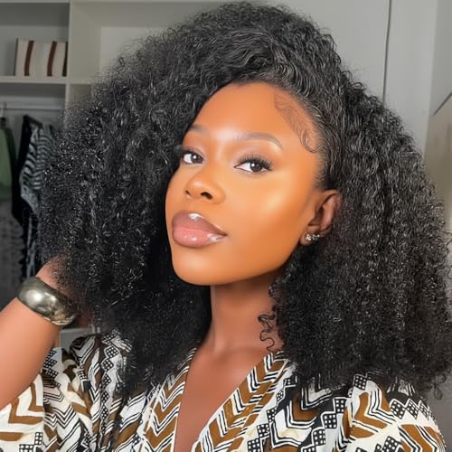 Kinky Curly Half Wig Human Hair 3-in-1 Drawstring Seamless Flip Over Glueless Wig for Black Women 16 Inch