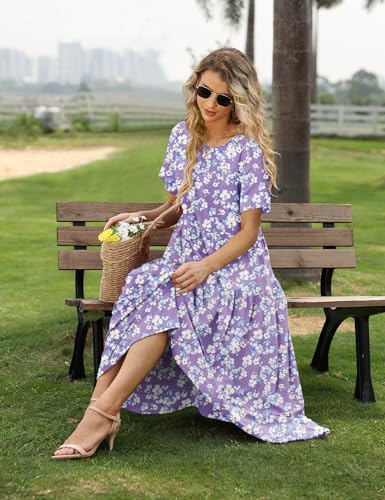 YESNO Women Casual Loose Bohemian Floral Dress with Pockets Short Sleeve Long Maxi Summer Beach Swing Dress S EJF CR345