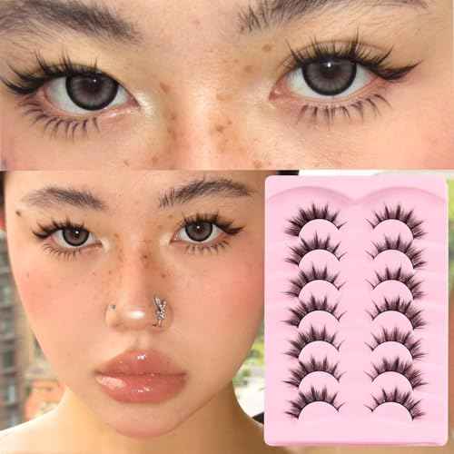 Veleasha Lashes Manga Eyelashes Cat Eye Lashes Spiky Eyelash C Curl Lash Wispy Natural Look False Eyelashes with Soft Cotton Band 7 Pairs Pack (Sunny)