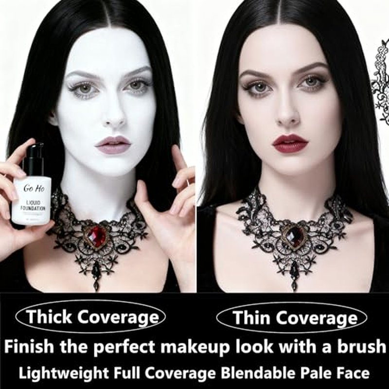 Go Ho White Liquid Foundation,Full Coverage White Foundation Color Corrector Demi Matte Finish for Goth Clown Vampire Skeleton Makeup,Daily,Cosplay,Halloween Makeup for Costume & Stage