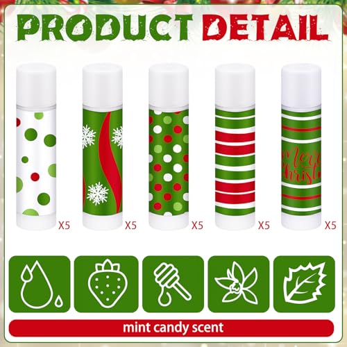 25 Pcs Christmas Peppermint Flavor Lip Balms Gifts Bulk Mini Peppermint Candy Flavor Moisturizing Lip Balms Elf Xmas Christian Party Favors Xmas Stocking Stuffer Bulk for Women Coworker Staff Employee