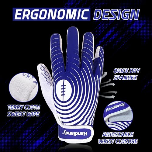 HANDLANDY Football Gloves Youth, Sticky Kids Receiver Gloves for Boys Girls, Stretch Fit Flag Football Gloves (White and Blue, X-Small)