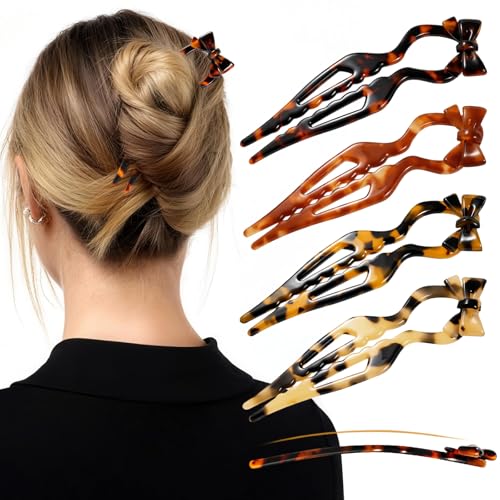 Tiefebene Tortoise Shell 4.33” French Hair Pins for Updos & Buns – Bow Design