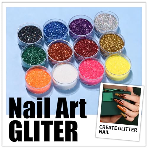 Teenitor Nail Art Brush Set with Stickers, Gems & Foils – 15 Brushes, 12 Glitter Pots