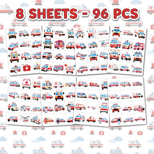 96 PCS Ambulance Temporary Tattoos for Kids Party Favors