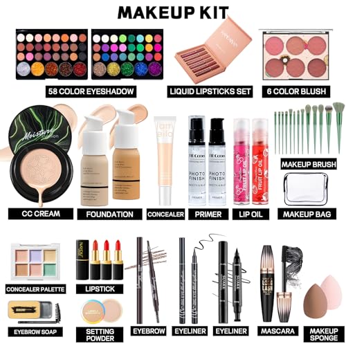 YBUETE Makeup Set All in One Makeup Set for Women Girls Teens Full Kit, Makeup Gift Set for Beginners and Professionals Include Eyeshadow Palettes, Foundation, CC Cream, Liquid Lipsticks Set