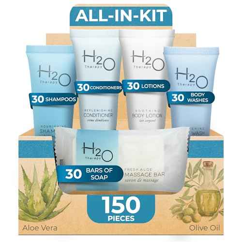 H2O Therapy Hotel Soaps & Toiletries Bulk Set | 1-Shoppe Amenities Kit | 0.85oz Shampoo & Conditioner, Body Wash, Lotion, 1oz Bar Soap | Travel Size | 150 Pieces