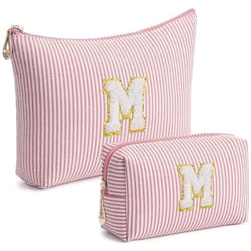 Pink Personalized Initial Makeup Bag Set, Cute Preppy Travel Toiletry Cosmetic Bags, Small Make Up Pouch, Birthday Gifts for Women, Girls, Friends, (M)