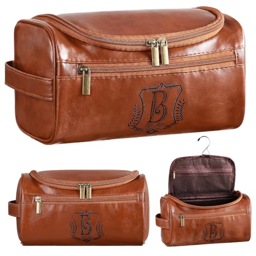 Sadnyy Personalized Leather Toiletry Bag for Men Initial Travel Bag with Hook Monogrammed Toiletry Pouch Leather Travel Bathroom Kit with Side Handle for Him Dad Husband Anniversary Birthday Gifts(B)