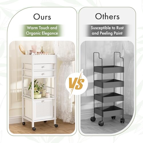 Bamboo Makeup Organizer Cart with 3 Drawers - Rolling Vanity Storage