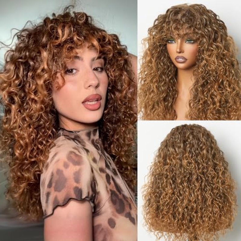 Frodio 20-Inch Curly Wig with Bangs - 200% Density Glueless Brown