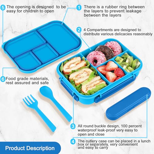 Amathley Lunch Box Kids,Bento Box Adult,Leakproof Lunch Containers for Adults/Kids/Toddler,1200ML-4 Compartments bento Lunch box with Utensil,Microwave & Dishwasher & Freezer Safe (Blue)