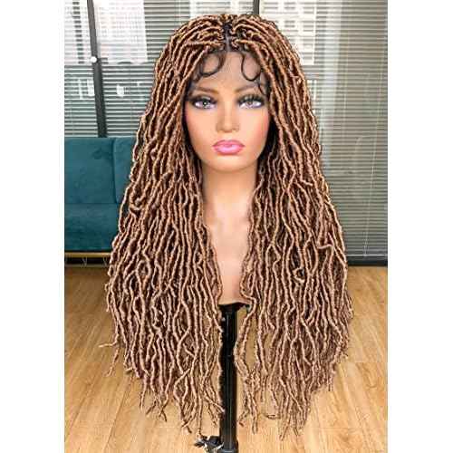 Annivia 32Inch Full Double Lace Box Braided Wigs for Black Women Faux Locs Square Knotless Wigs with Baby Hair Long Dreadlock Wig Natural Black Hand-braided Synthetic Twist Lace locs Wig Blonde