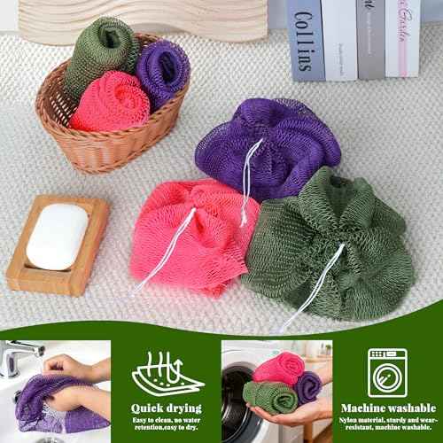 African Net Sponge Authentic, 3 Pieces Exfoliating Scrubber Bath Sponge for All Skin Types, Back Scrubber Loofah Washcloth for Shower, Gentle Exfoliation, Gift 1 Travel Bag (Purple, Pink, Dark Green)