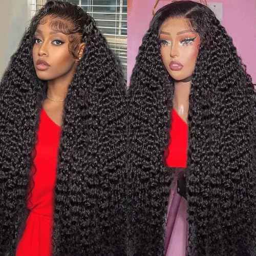 34 Inch 13x6 Deep Wave Lace Front Wigs Human Hair 10A 180% Density,HD Lace Frontal Wet and Wavy Curly Human Hair Wig for Black Women Pre Plucked with Baby Hair Natural Black