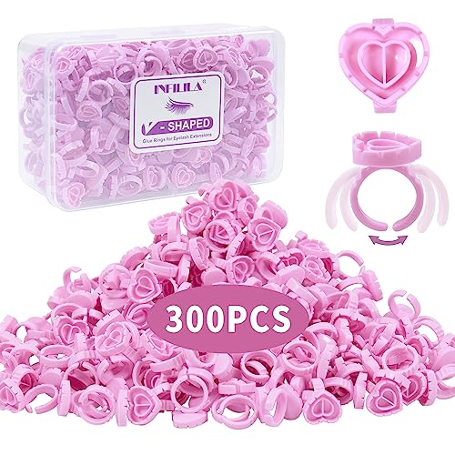 NXJ INFILILA Glue Rings for Eyelash Extensions 300PCS Disposable Rings for Lashes Lovely Heart Shape, Makeup Plastic Nail Art Lash Glue Holder Cups for Extension Supplies Pink