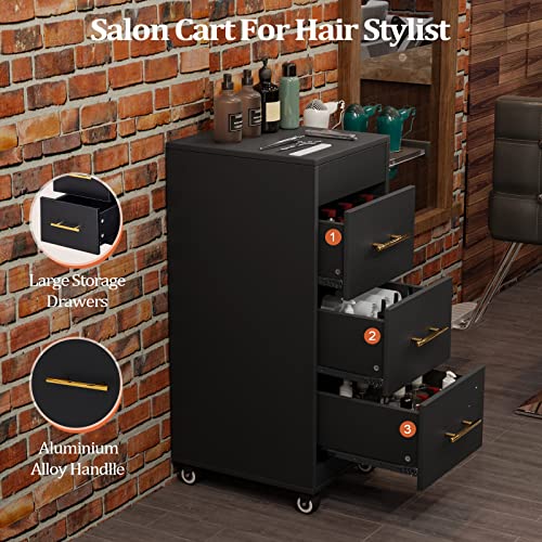 OmySalon Black Salon Trolley Cart with Wheels & 3 Drawers - Mobile Hair Styling Station