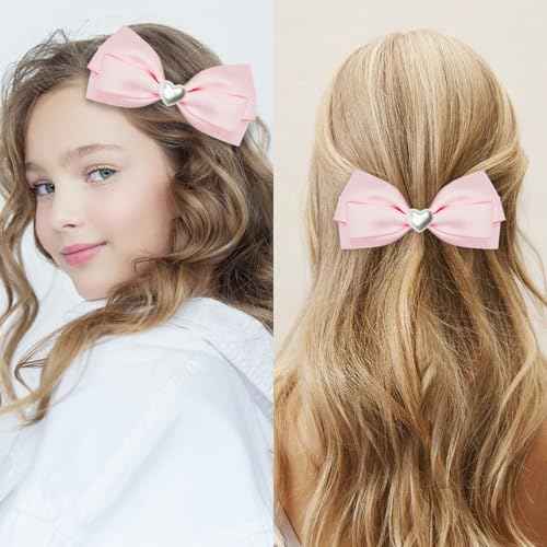 2pcs Pink hair bows for girls, cute bow hair clips for women, light pink hair bow with alligator hair clip, christmas and valentines hair bows, hair accessories for girls