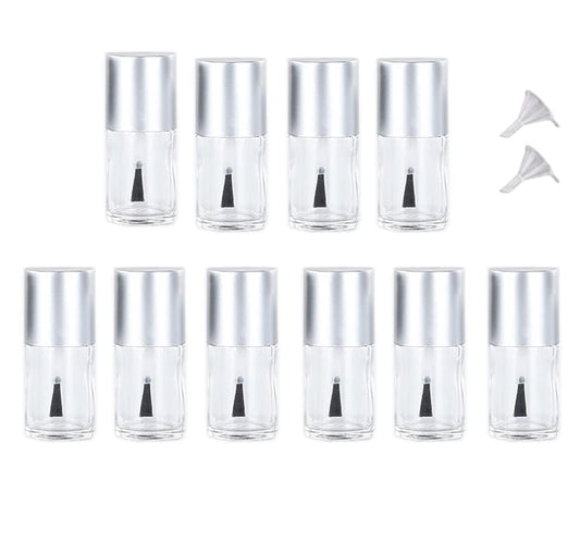 Nunobob 10 Pcs 10ml Empty Glass Nail Polish Bottles,Refillable Nail Polish Vials Containers Sample Bottles with Brush Cap and 2 Funnels