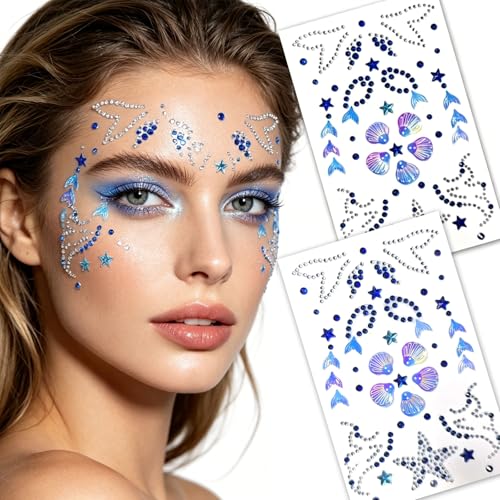 50pcs Blue Mermaid Face Gems Stickers - Self Adhesive Rhinestone Jewels