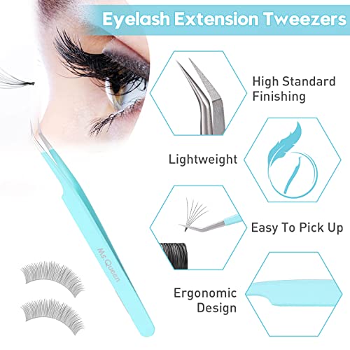 Ms.Queen Eyelash Tweezers for Extensions, 2Pcs Fiber Tip Grip 45 and 90 Degree Mega Volume Tweezers Set for Lash Extensions-Blue