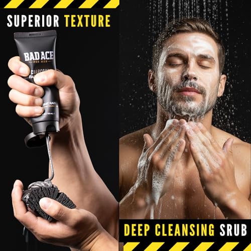 BAD ACE Daily Men's Charcoal Face Wash with Scrubs, Korean Exfoliating Face Wash - Premium Face Scrub for Men, Deep Cleansing Skin Care | Men's Facial Cleanser for Oily Skin & Normal Skin, 4 oz