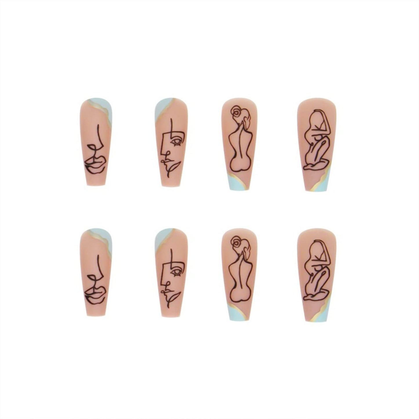 Nude Press on Nails Long Coffin False Nails with Pattern Design French Tip Full Cover Stick on Nails Matte Fake Nails for Women Girls Pretty Artificial Acrylic Nails Kit 24pcs