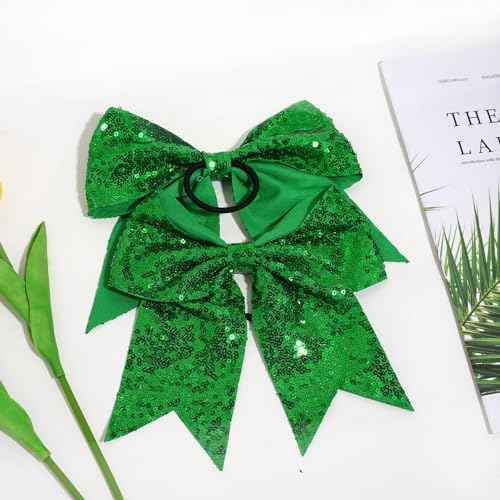 12 Pcs Large Glitter Cheer Bows (Green) - 8" Big Hair Bows for Sports Cheerleaders Accessories, Girls, Teens Women, 12 Count